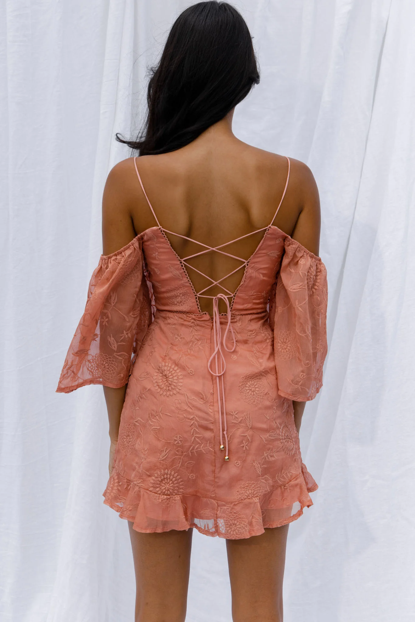Koda Bell Sleeve Lace-Up Back Mini Dress Peach - Sonourner