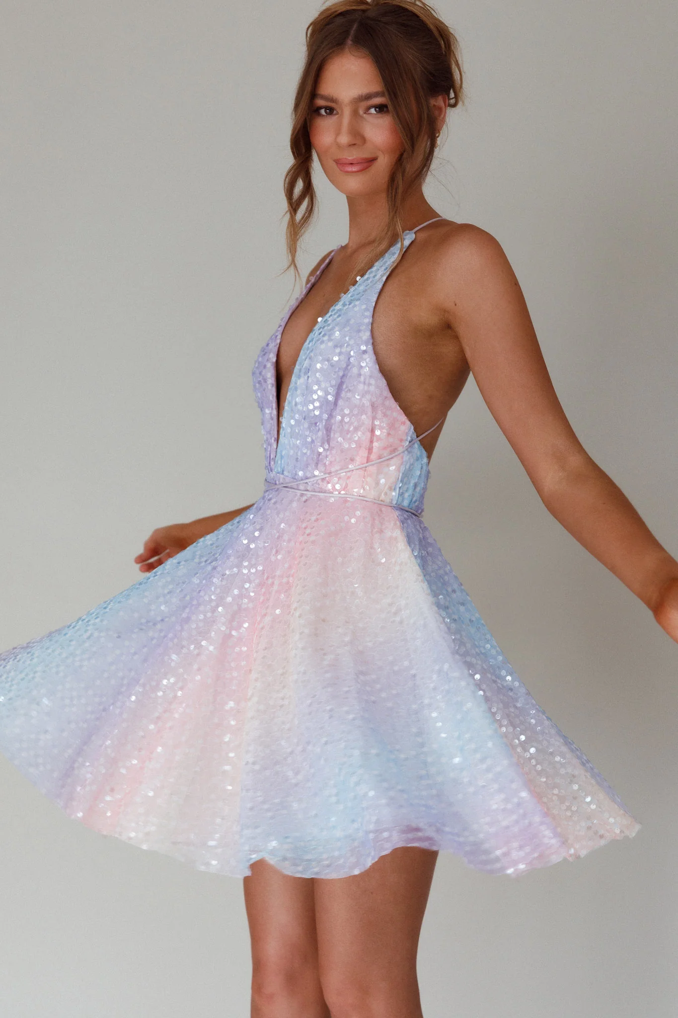 Floating By Plunging Neckline Mini Dress Sequin Rainbow - Sonourner