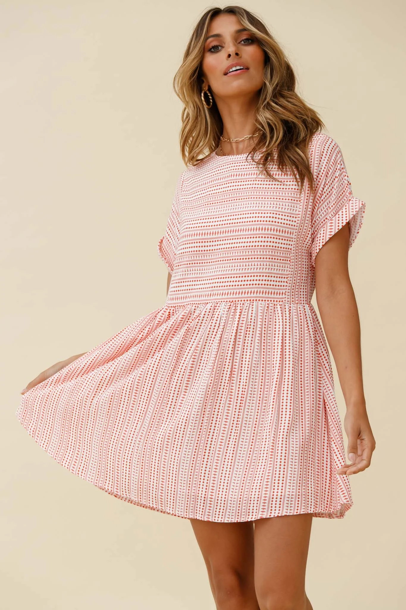 Susie Rolled Sleeve Crew Neck Swing Dress Stripe Pattern Red - Sonourner