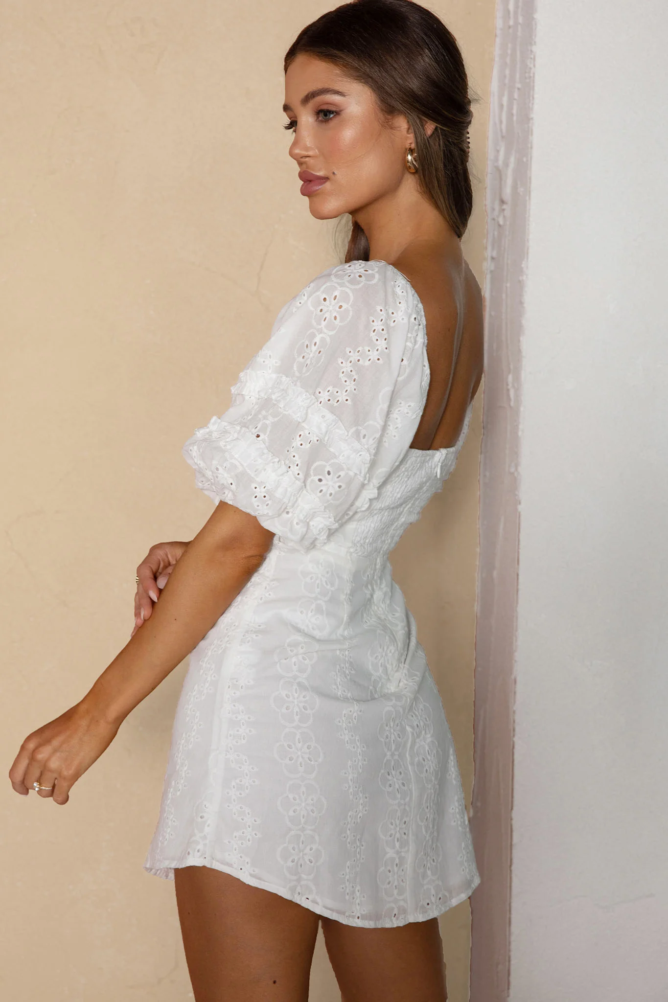 Sweet Romance Puff Sleeve Eyelet Mini Dress White - Sonourner