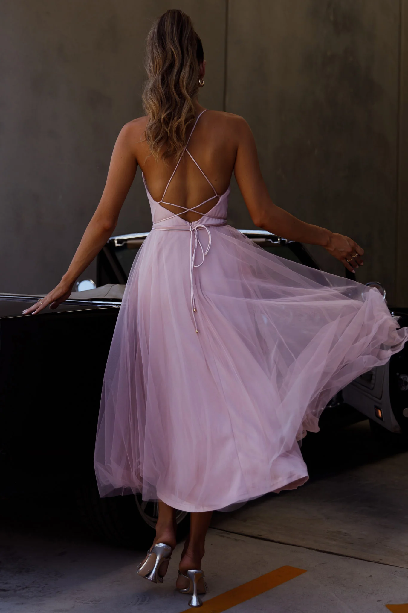 Floating By Pleated Neckline Mesh Midi Dress Blush - Sonourner