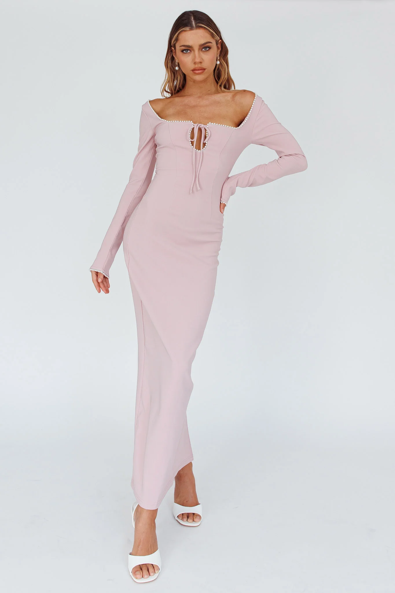 Samantha Pearl Detailing Midi Dress Blush - Sonourner