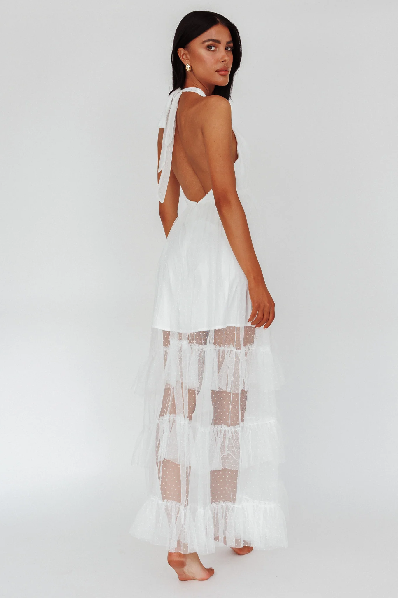 Moonlight Sonata Ruffle Mesh Maxi Dress Hail Spot White - Sonourner