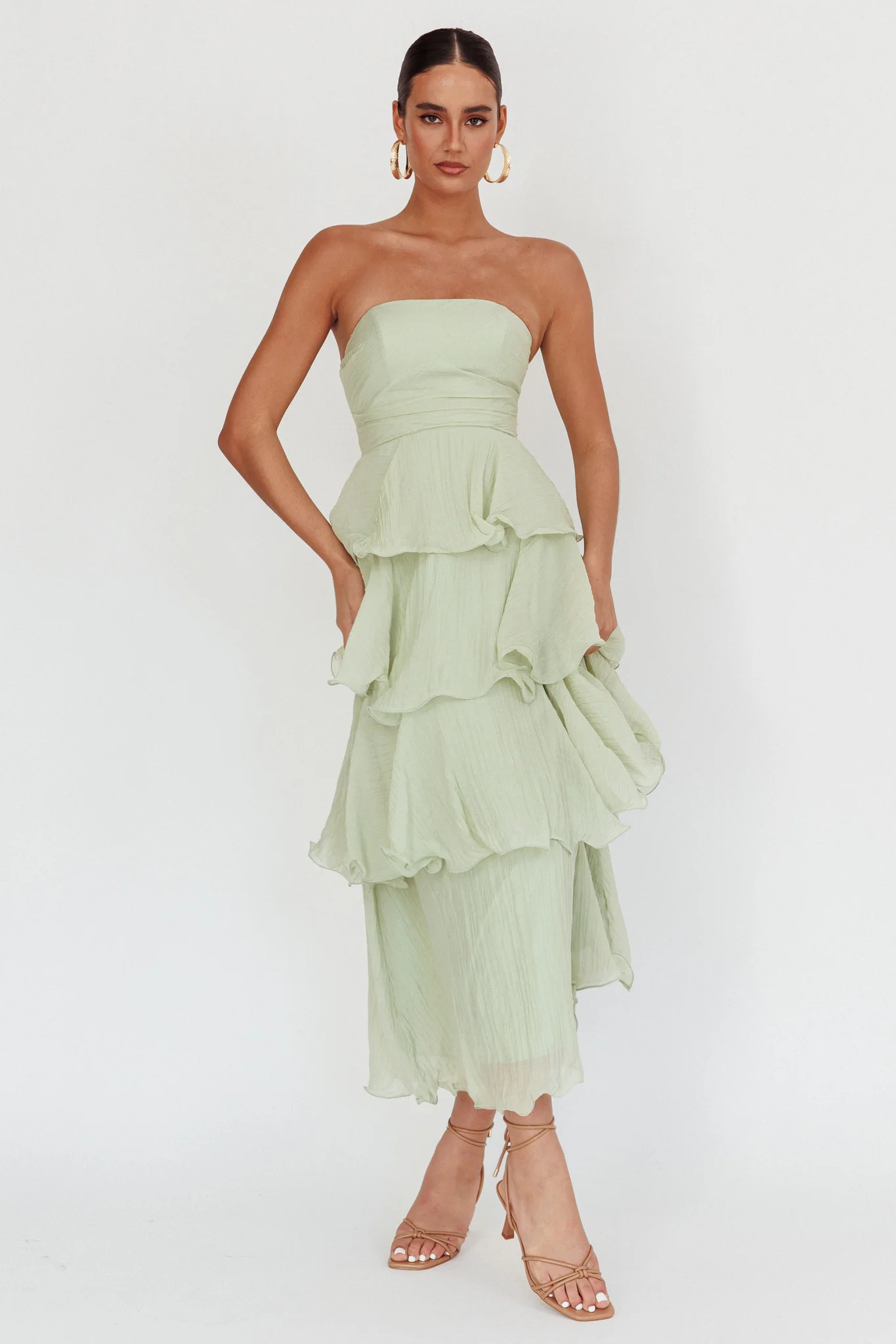 Giavana Strapless Layered Midi Dress Sage - Sonourner