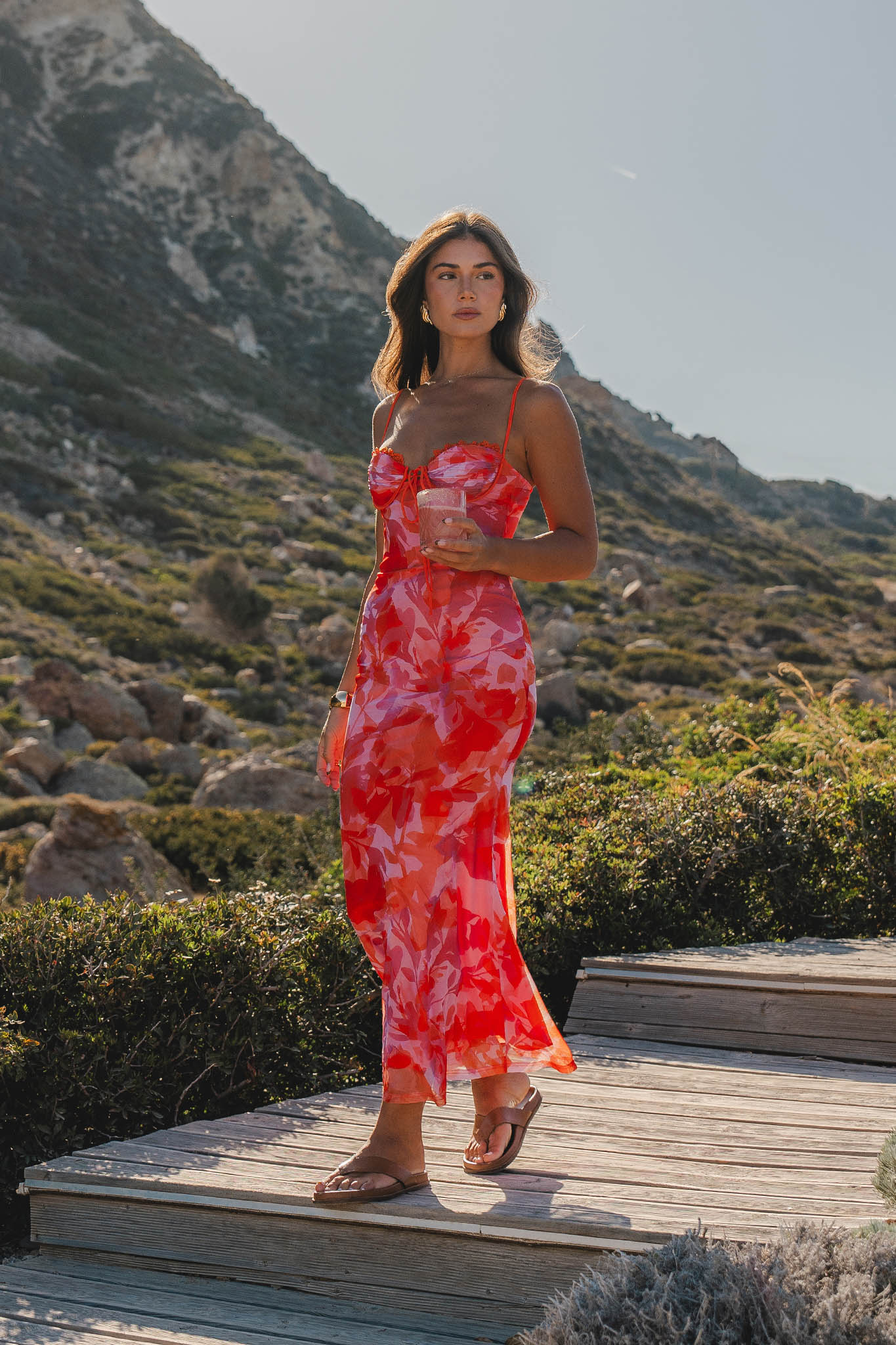 Fortune Lace Trim Mesh Midi Dress Orange - Sonourner