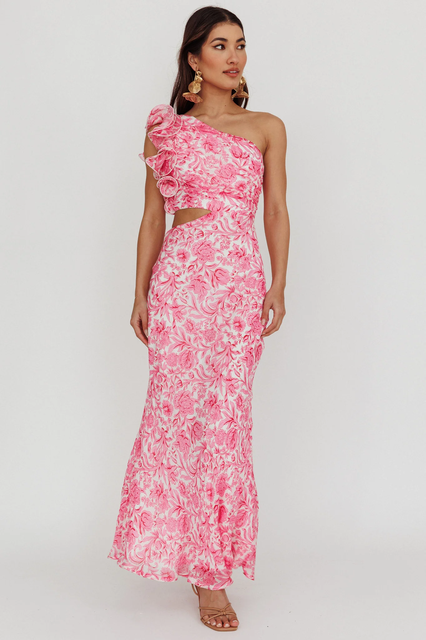 Deanna One-Shoulder Ruffle Midi Dress Floral Pink - Sonourner