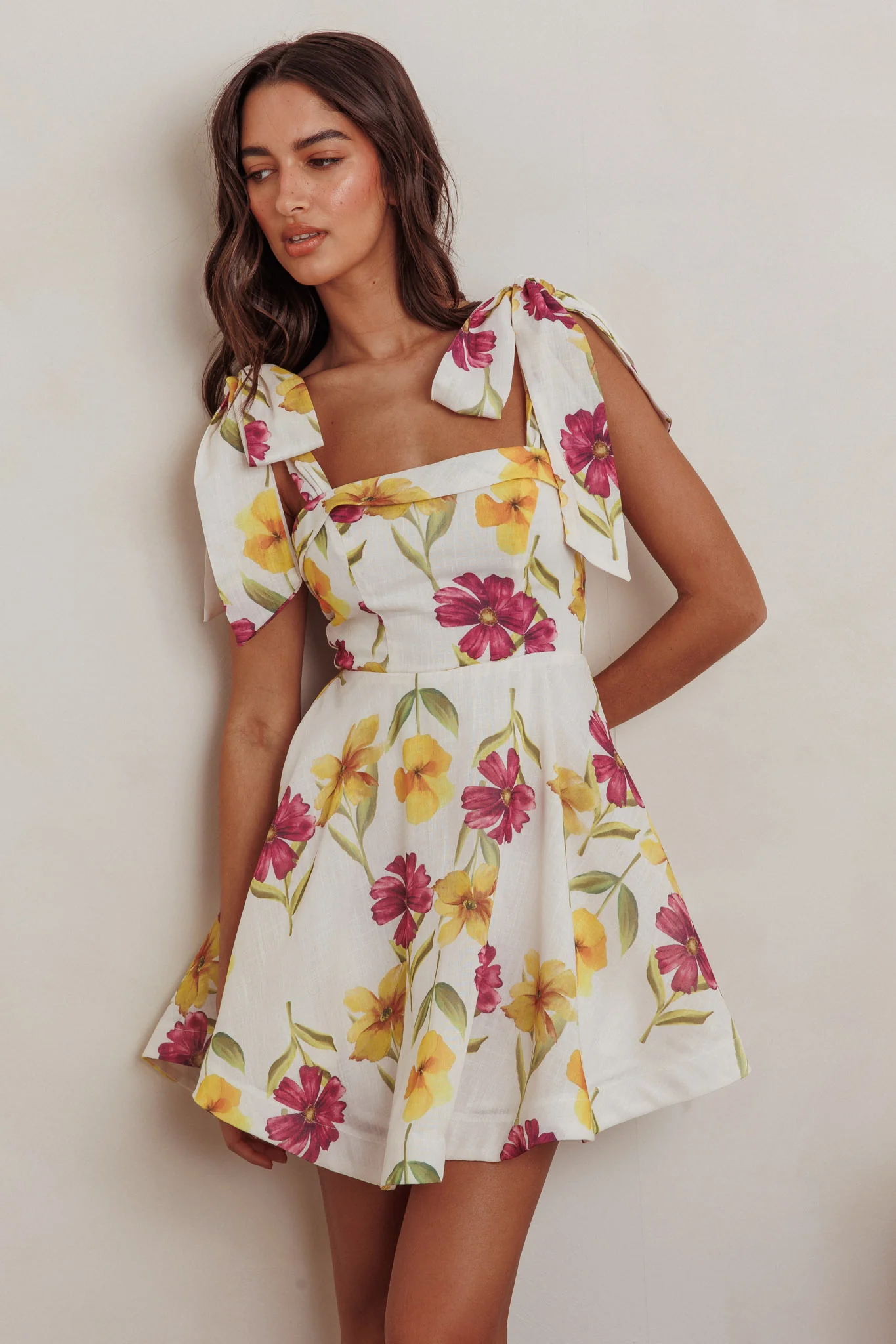 Jeanie Tied Shoulder Mini Dress Flower Purple - Sonourner