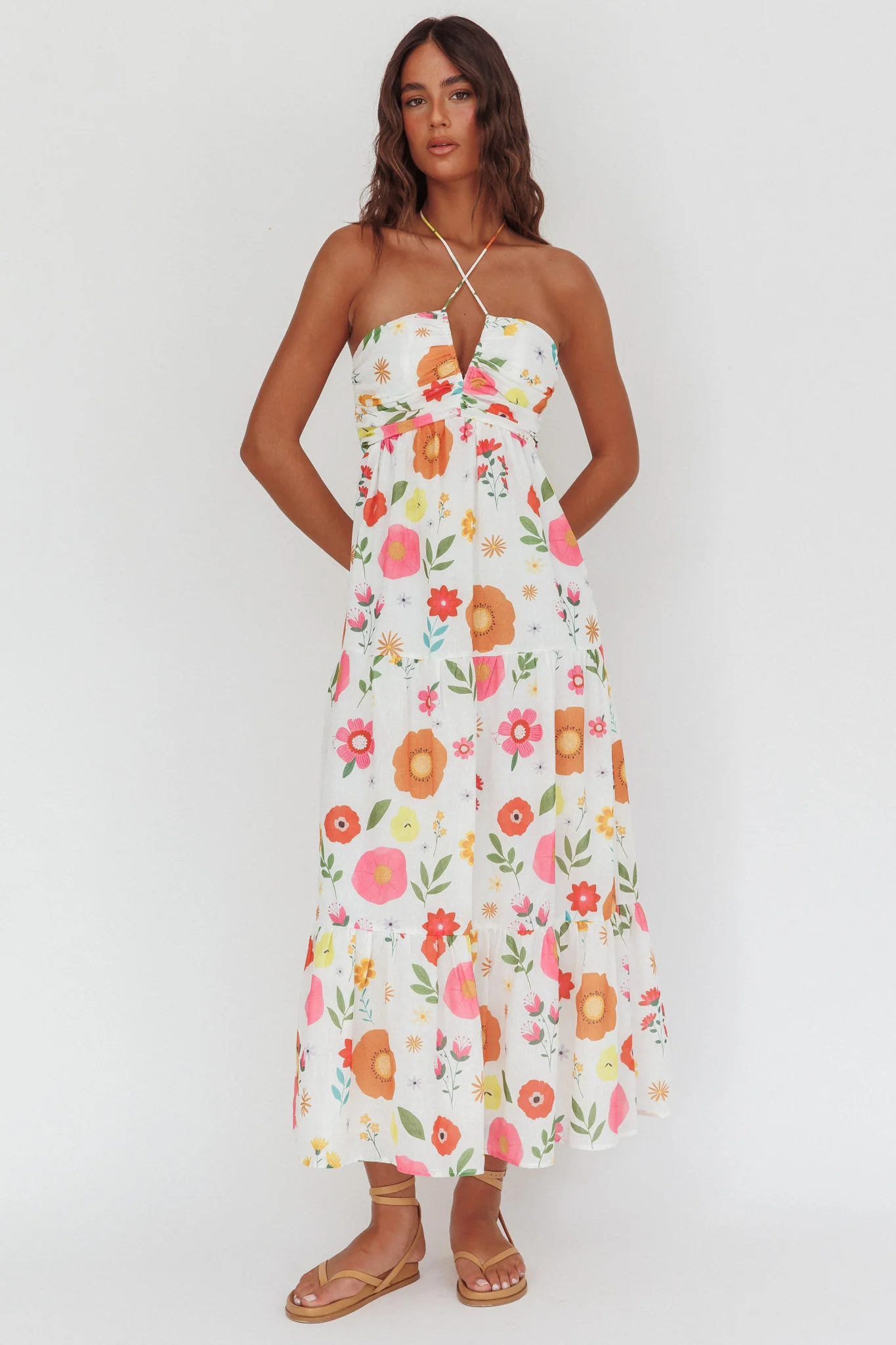 Asiah Gathered Bust Halterneck Maxi Dress Floral White - Sonourner
