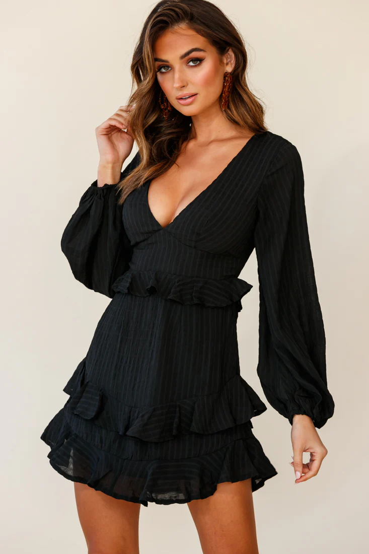 Queenie Long Balloon Sleeve Ruffle Trim Dress Black - Sonourner