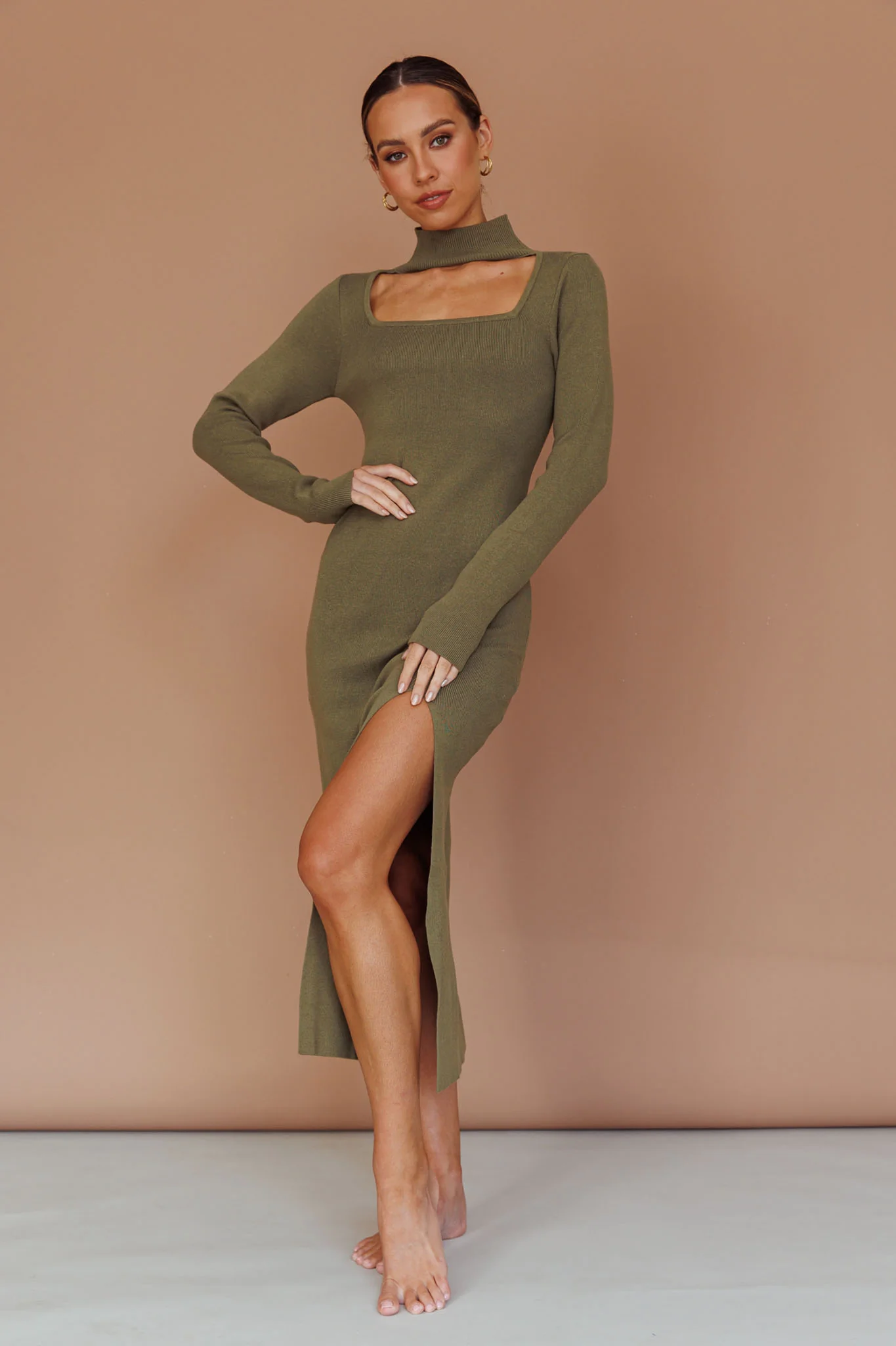Get Acquainted Cut-Out Bust Midi Dress Olive - Sonourner