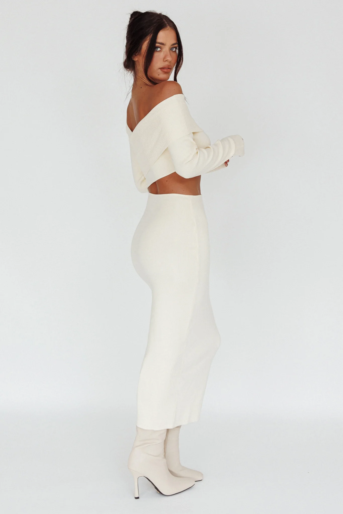 Tamar Long Sleeve One-Shoulder Midi Dress Cream - Sonourner