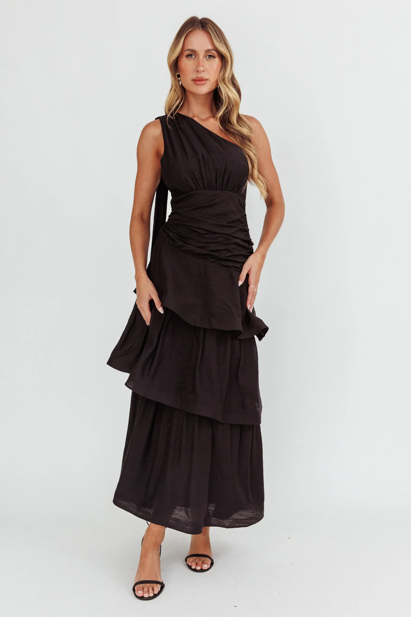 Kenny One Shoulder Tiered Maxi Dress Solid Black - Sonourner