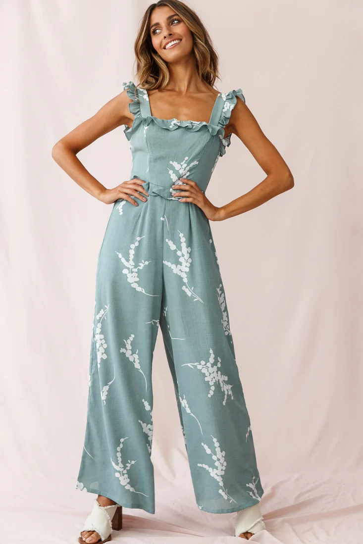 Azure Frill Strap Wide Leg Jumpsuit Sage - Sonourner
