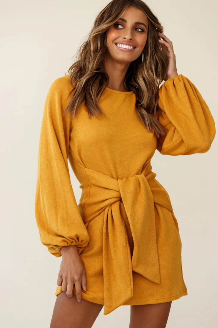 Rapt Waist Tie Knit Dress Mustard - Sonourner