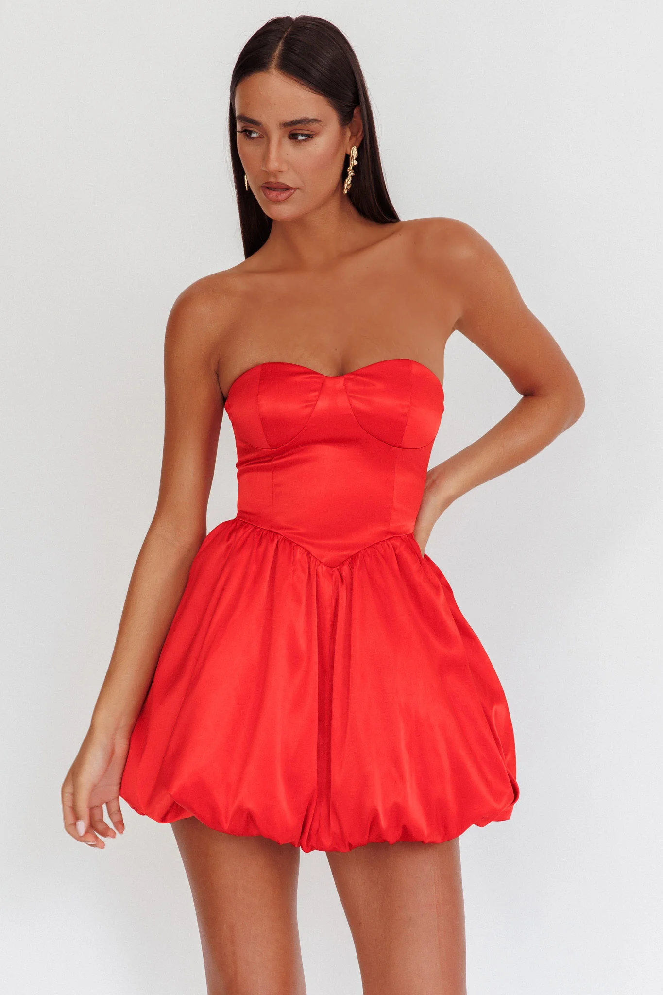For Love Strapless Balloon Skirt Mini Dress Red - Sonourner