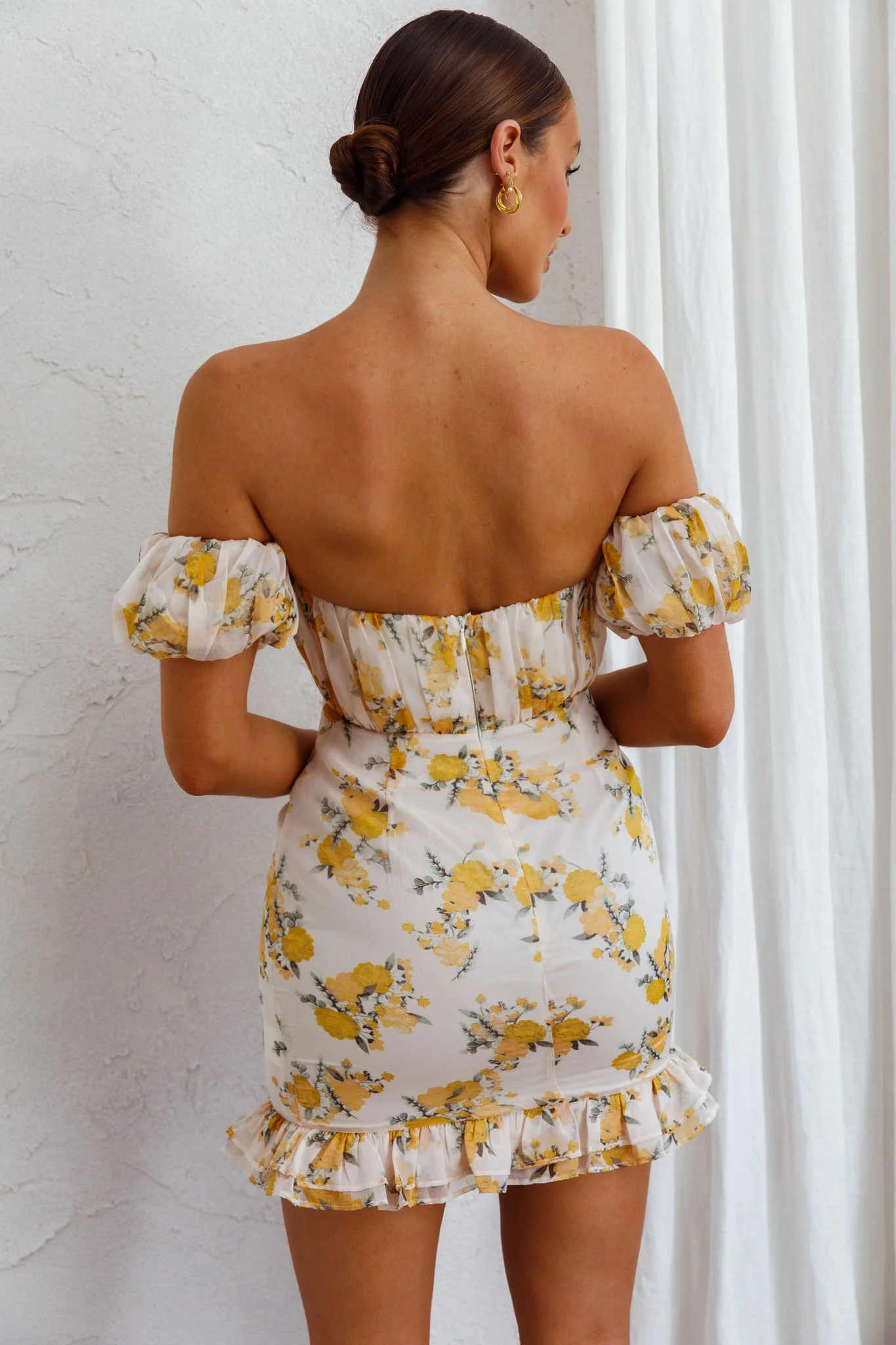 Verona Off-Shoulder Gathered Mini Dress Floral Yellow - Sonourner