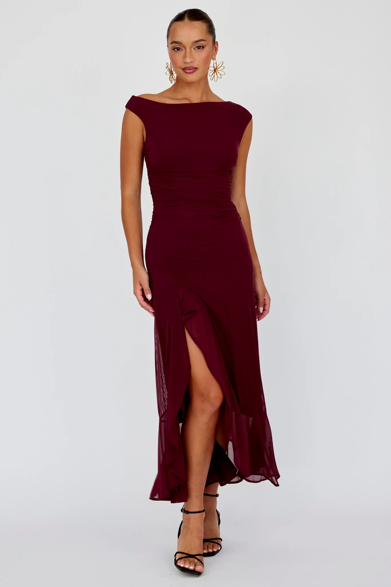 Moonlit Magic Asymmetric Neckline Maxi Dress Wine - Sonourner
