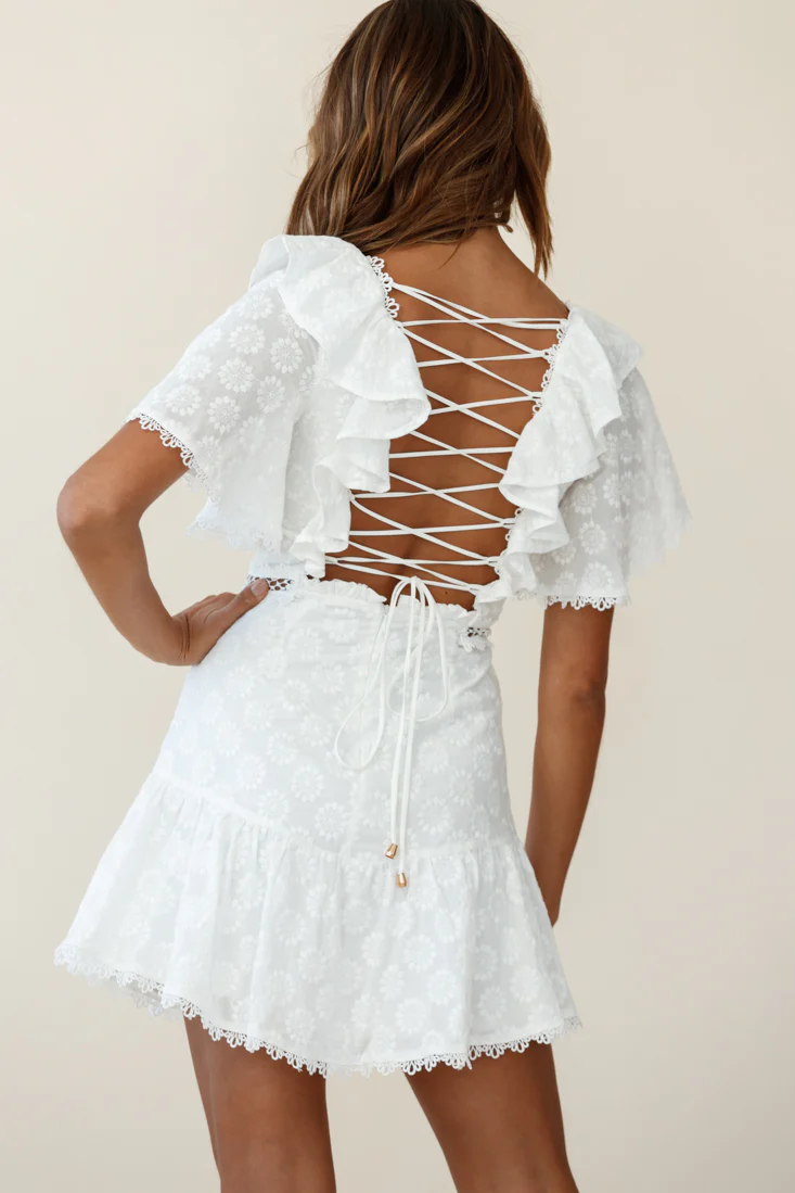 How Romantic Flounce Sleeve Lace-Up Back Dress Floral Embossed White - Sonourner