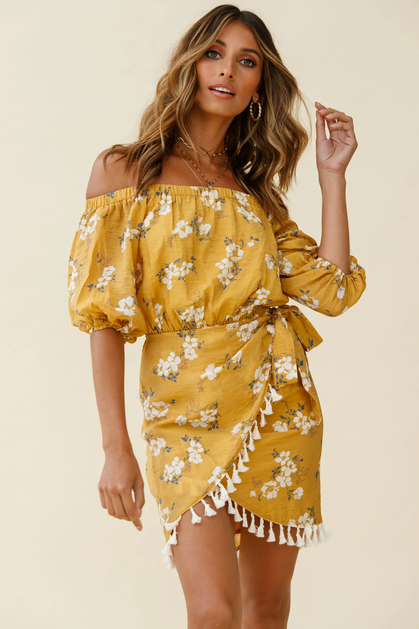 Cayman Tassel Trim Wrap Dress Floral Print Mustard - Sonourner