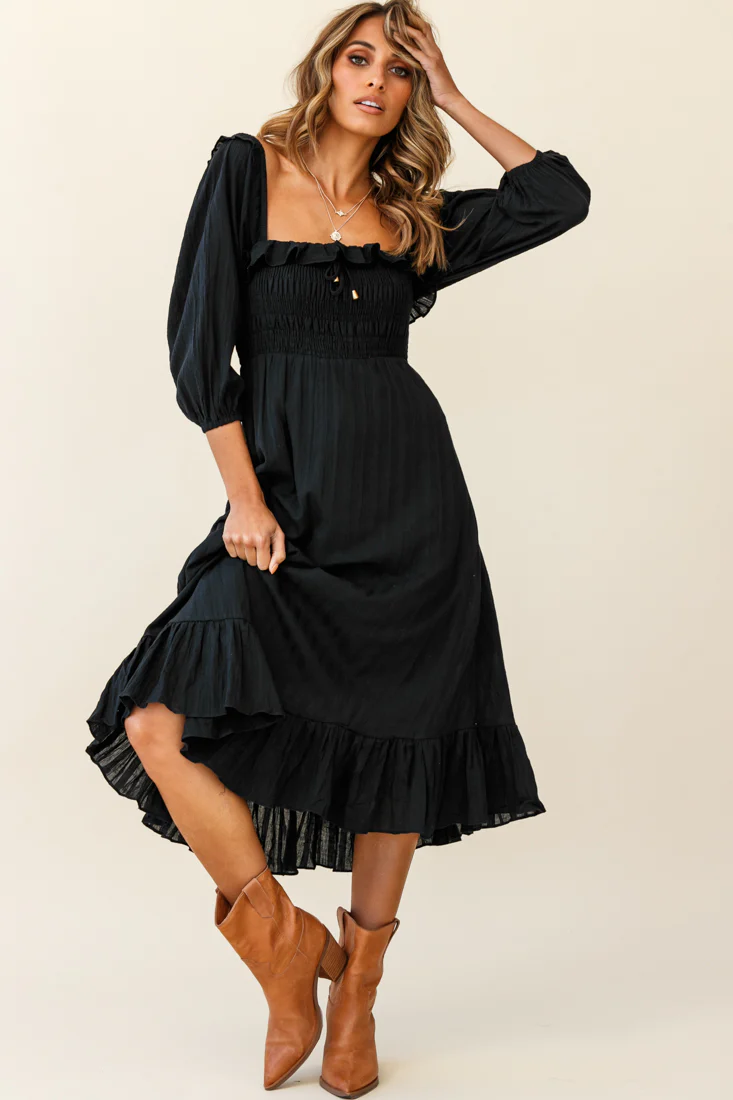 Flynn Off-Shoulder Shirred Bust Midi Dress Black - Sonourner