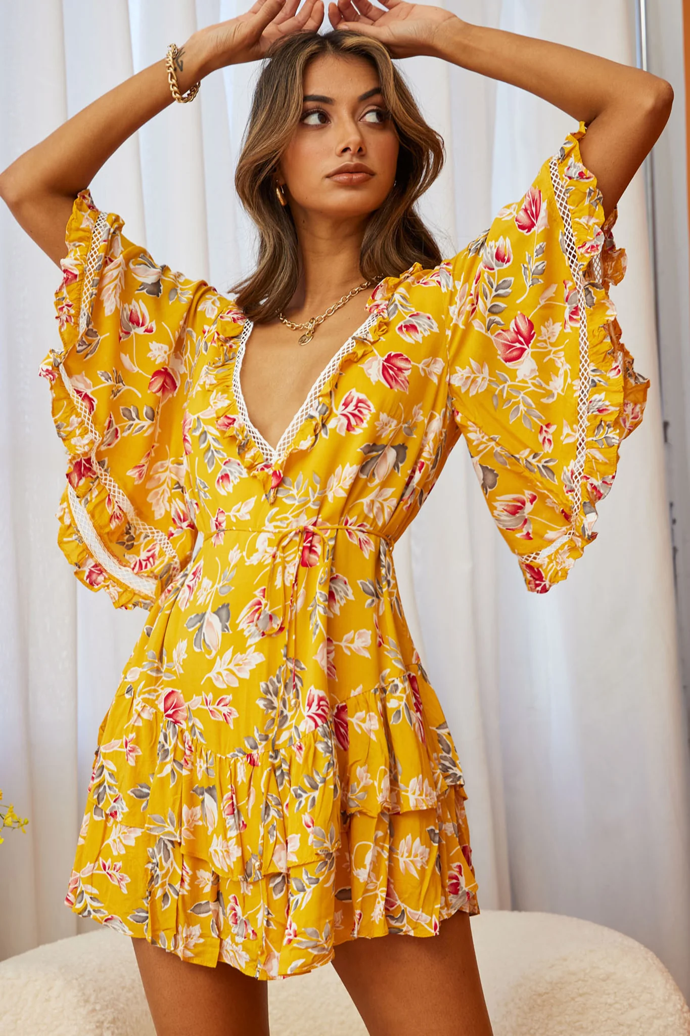 Lotus Crochet Trim Angel Sleeve Dress Floral Print Mustard - Sonourner