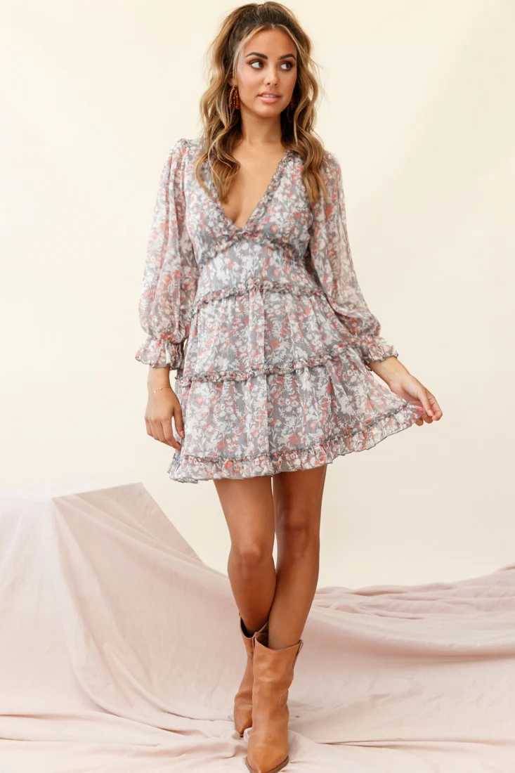 Laney Cutout Back Ruffle Trim Dress Floral Print Grey/Orange - Sonourner