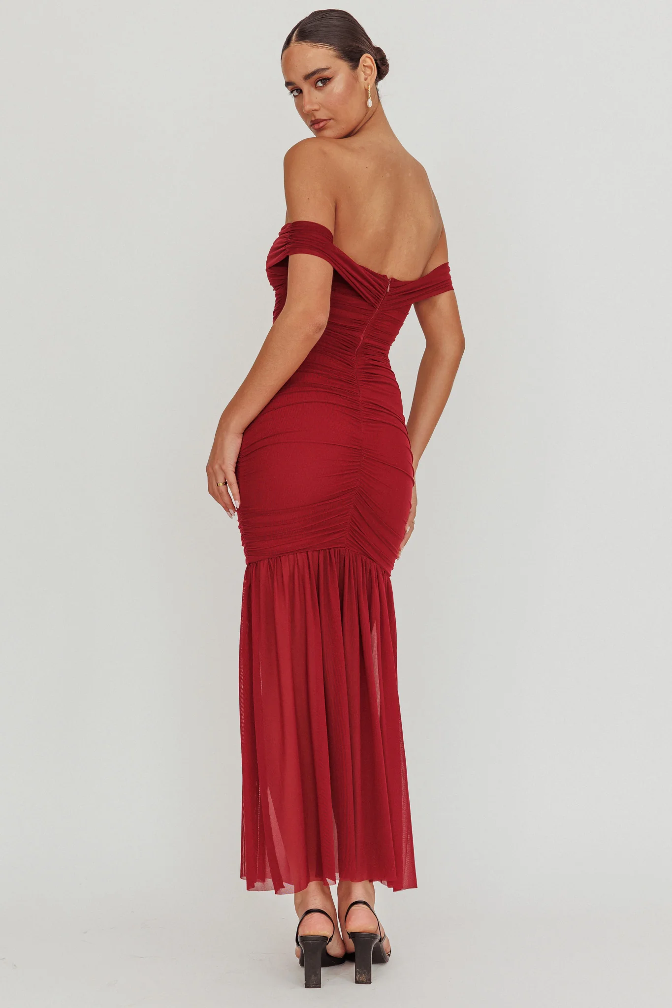 La Salle Off Shoulder Mesh Maxi Dress Wine - Sonourner
