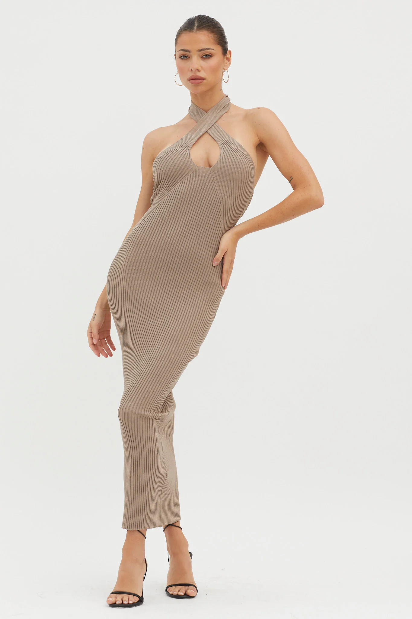 Lovelock Halterneck Ribbed Knit Midi Dress Latte - Sonourner