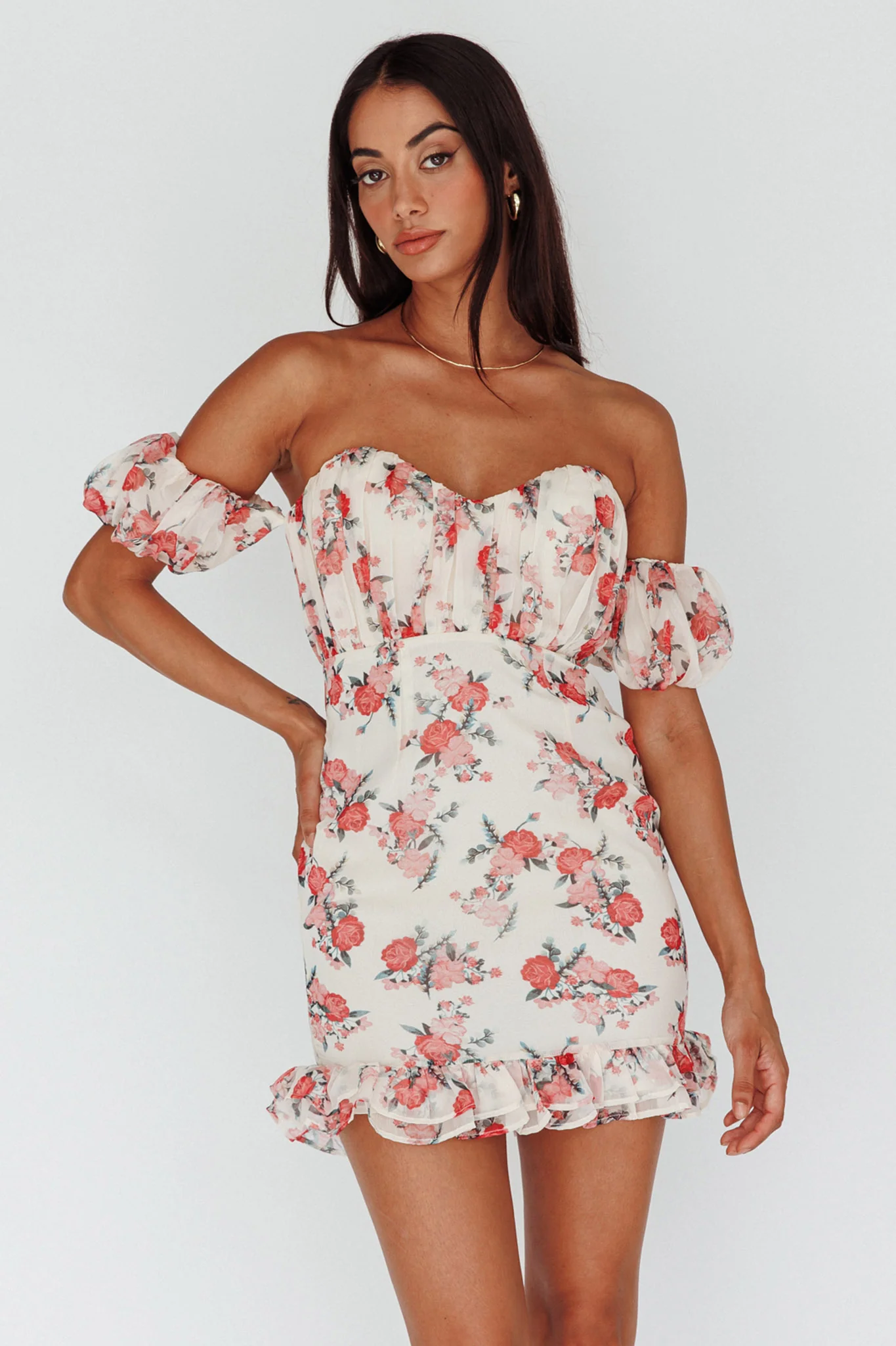 Verona Off-Shoulder Gathered Mini Dress Floral Red - Sonourner