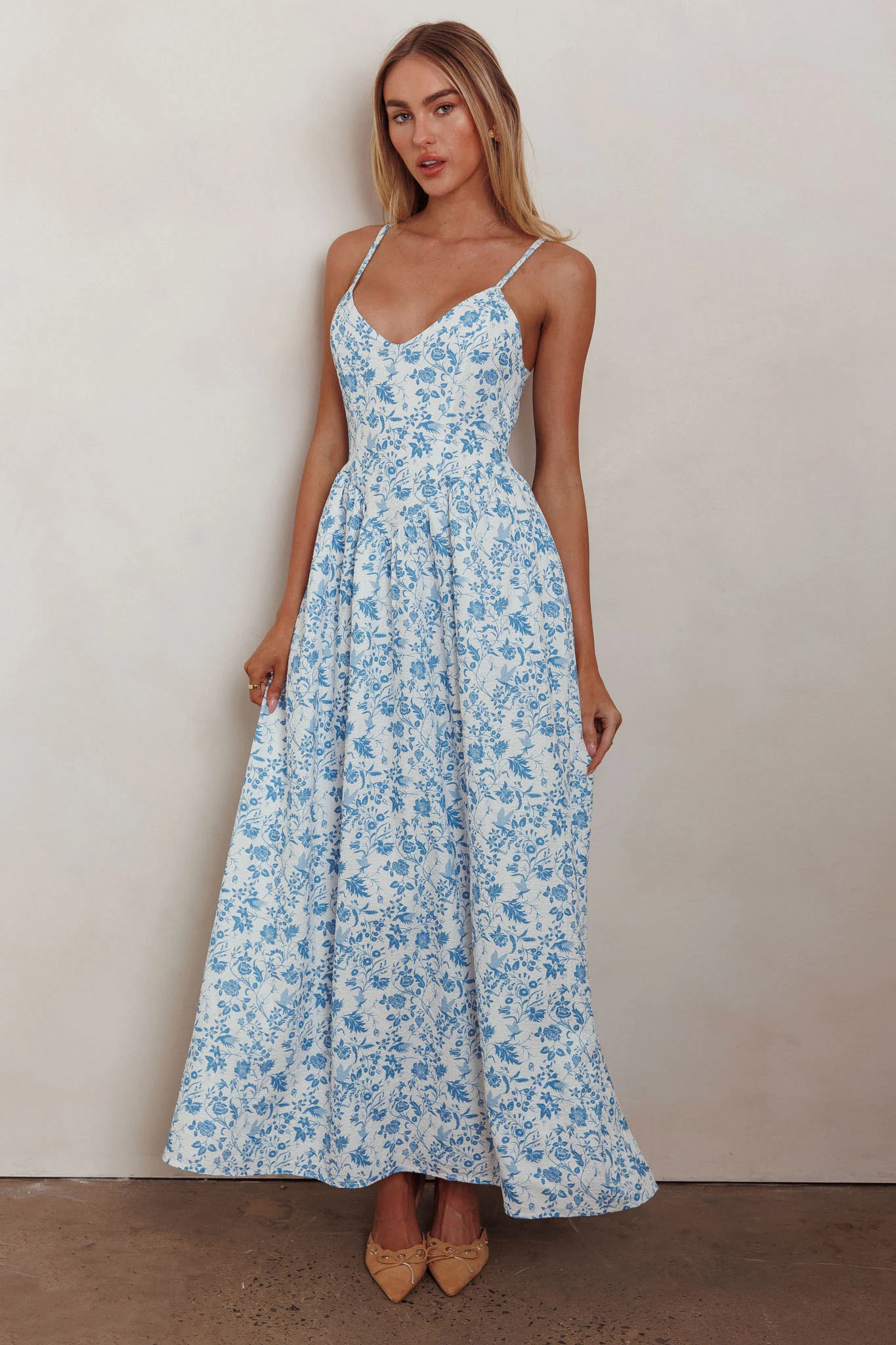 Enchanted Leaf Floral Print A-Line Maxi Dress Blue - Sonourner