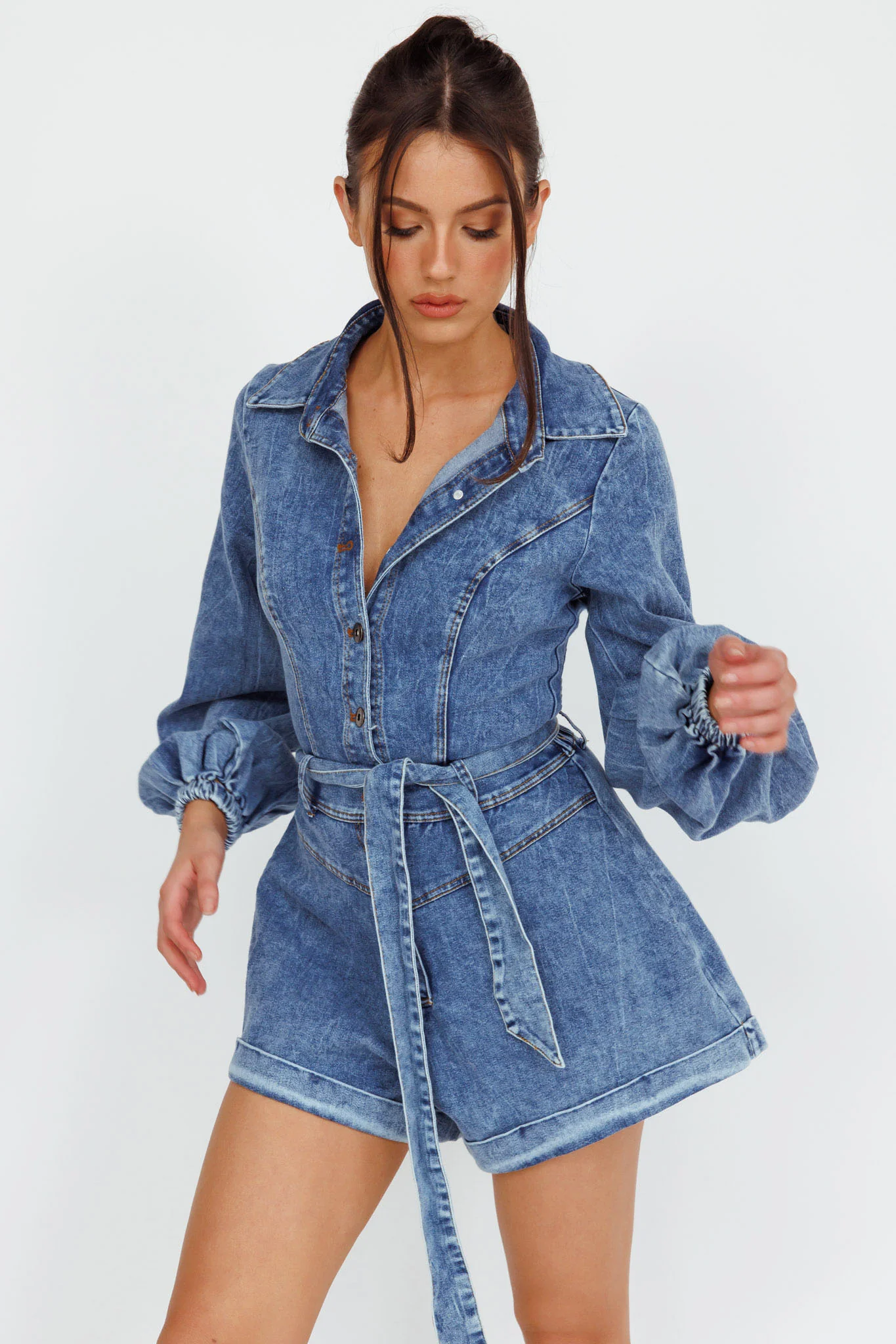 New Day Long Sleeve Button-Up Romper Denim - Sonourner