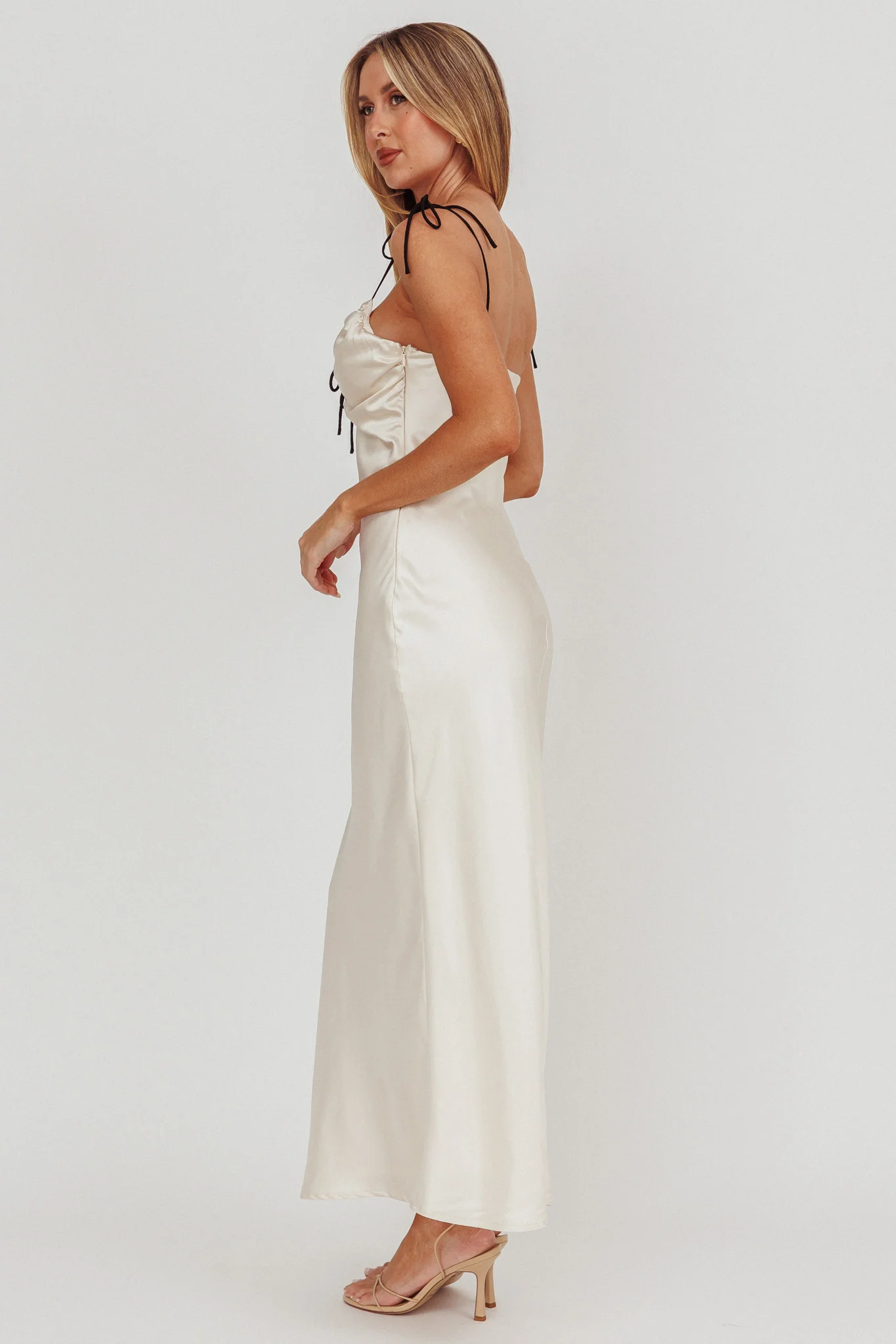 Slow Burn Tied Shoulders Satin Maxi Dress Oyster - Sonourner
