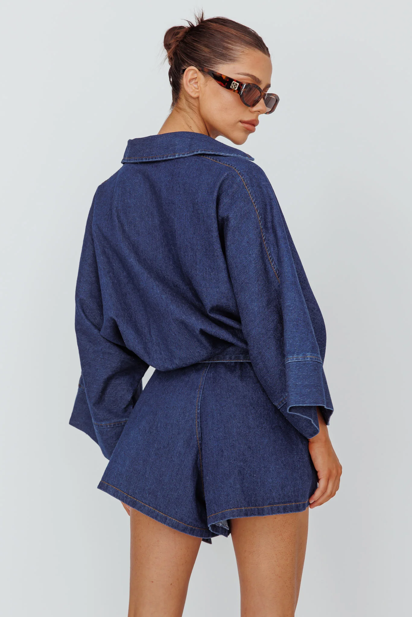 Daytona Beach Long Sleeve Shirt Romper Indigo - Sonourner
