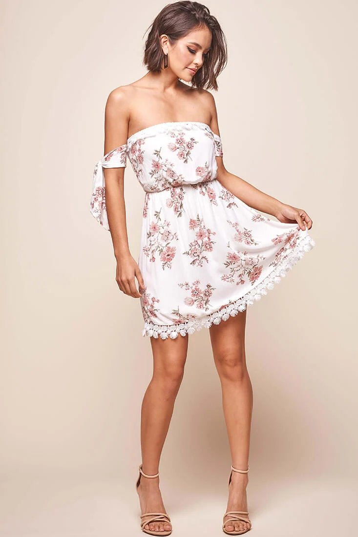 Polly Bardot Embroidery Fringe Dress White - Sonourner