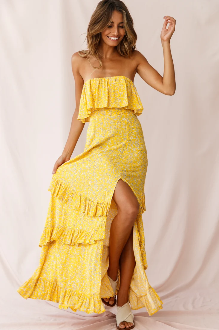 Kiya Layered Bandeau Maxi Dress Leaf Print Mustard - Sonourner