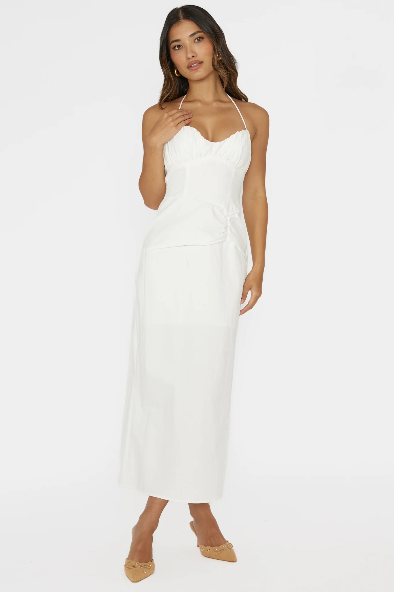 Arielle Gathered Bust Halterneck Midi Dress White - Sonourner