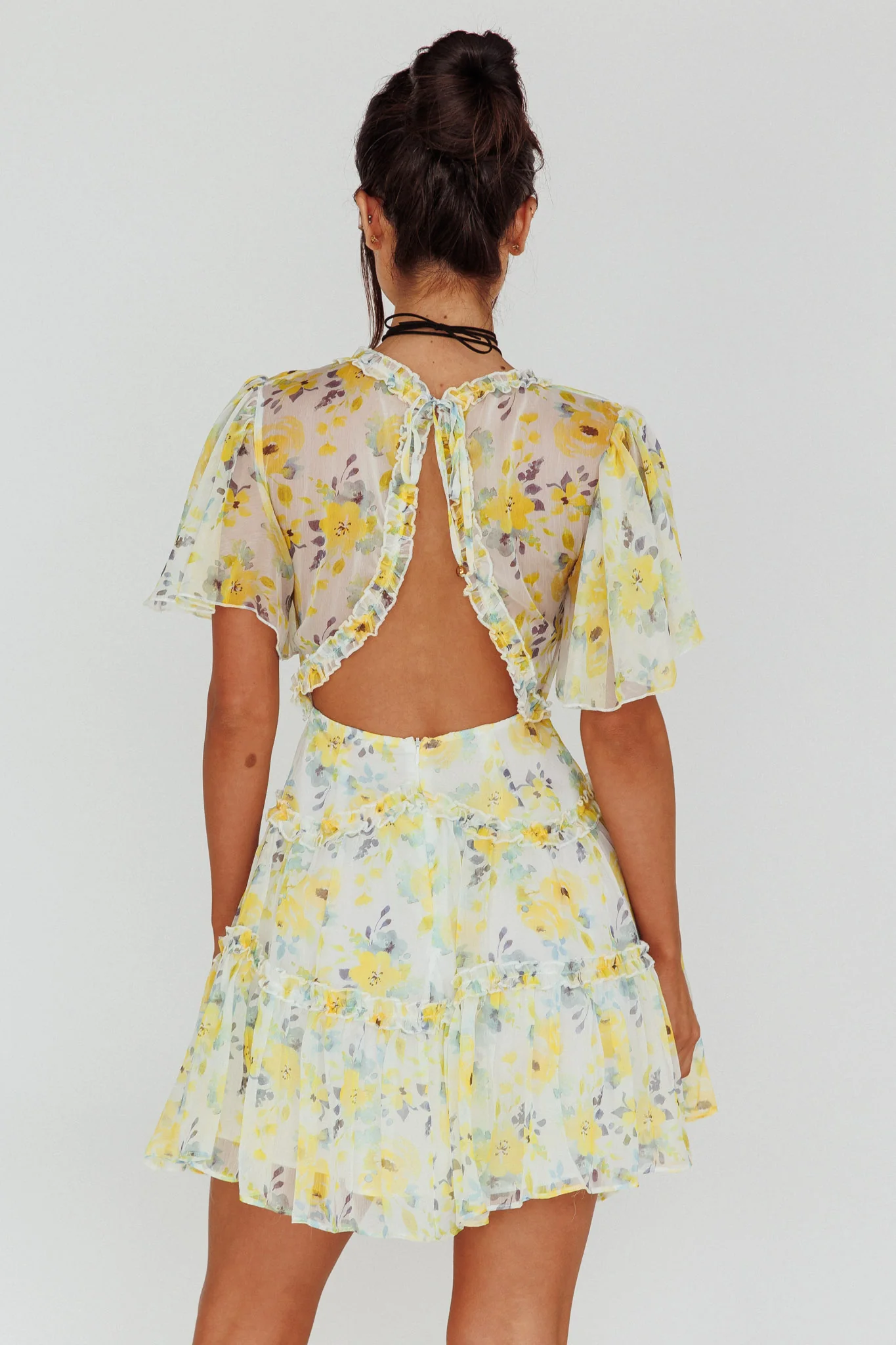 Tres Chic Flutter Sleeve Cut-Out Dress Floral Yellow - Sonourner