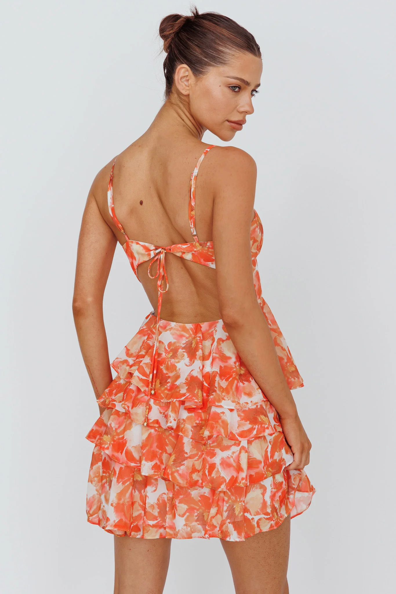 Lauran Tied Back Frill Dress Floral Orange - Sonourner