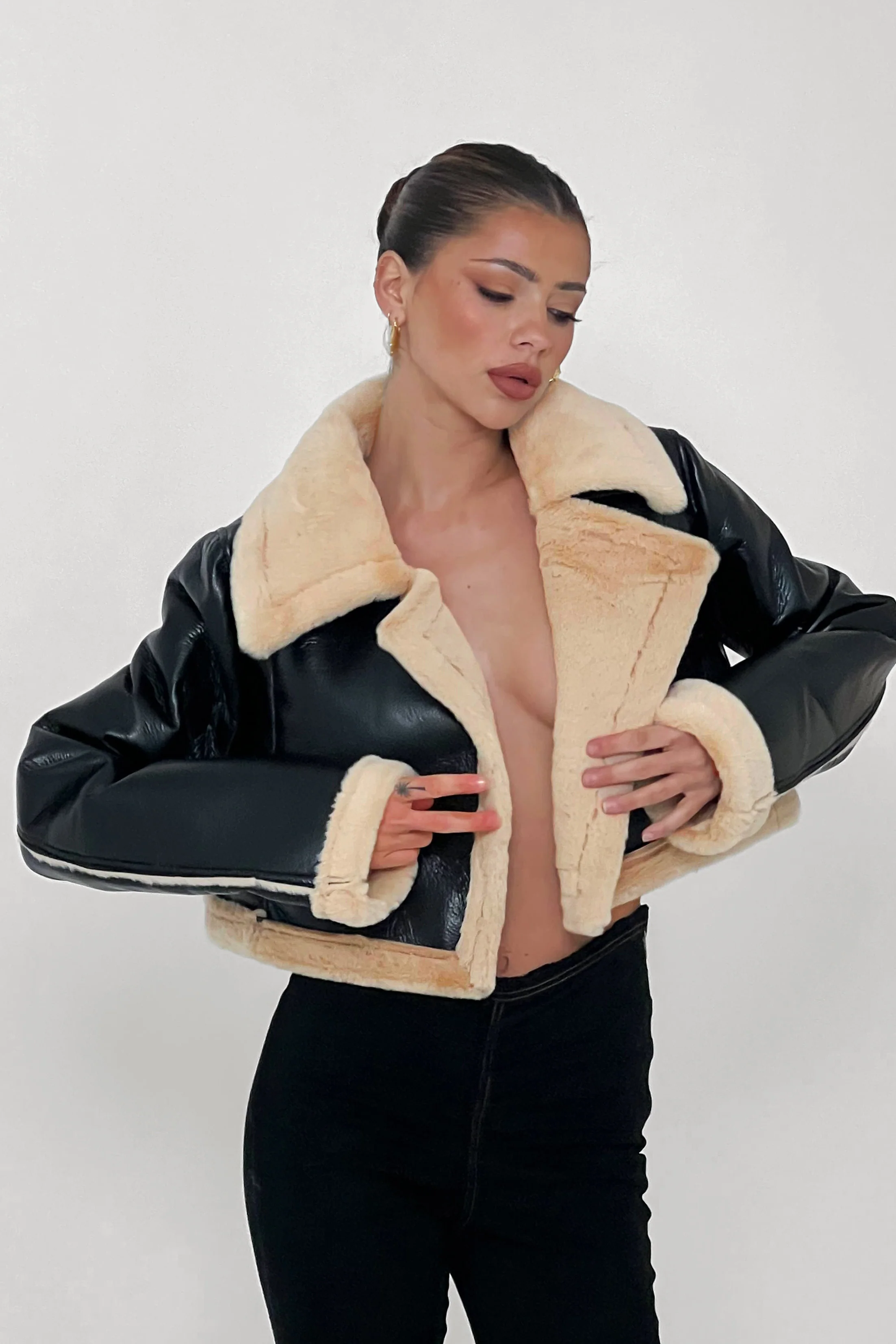 High Altitude Faux Fur Biker Jacket Black/Taupe - Sonourner