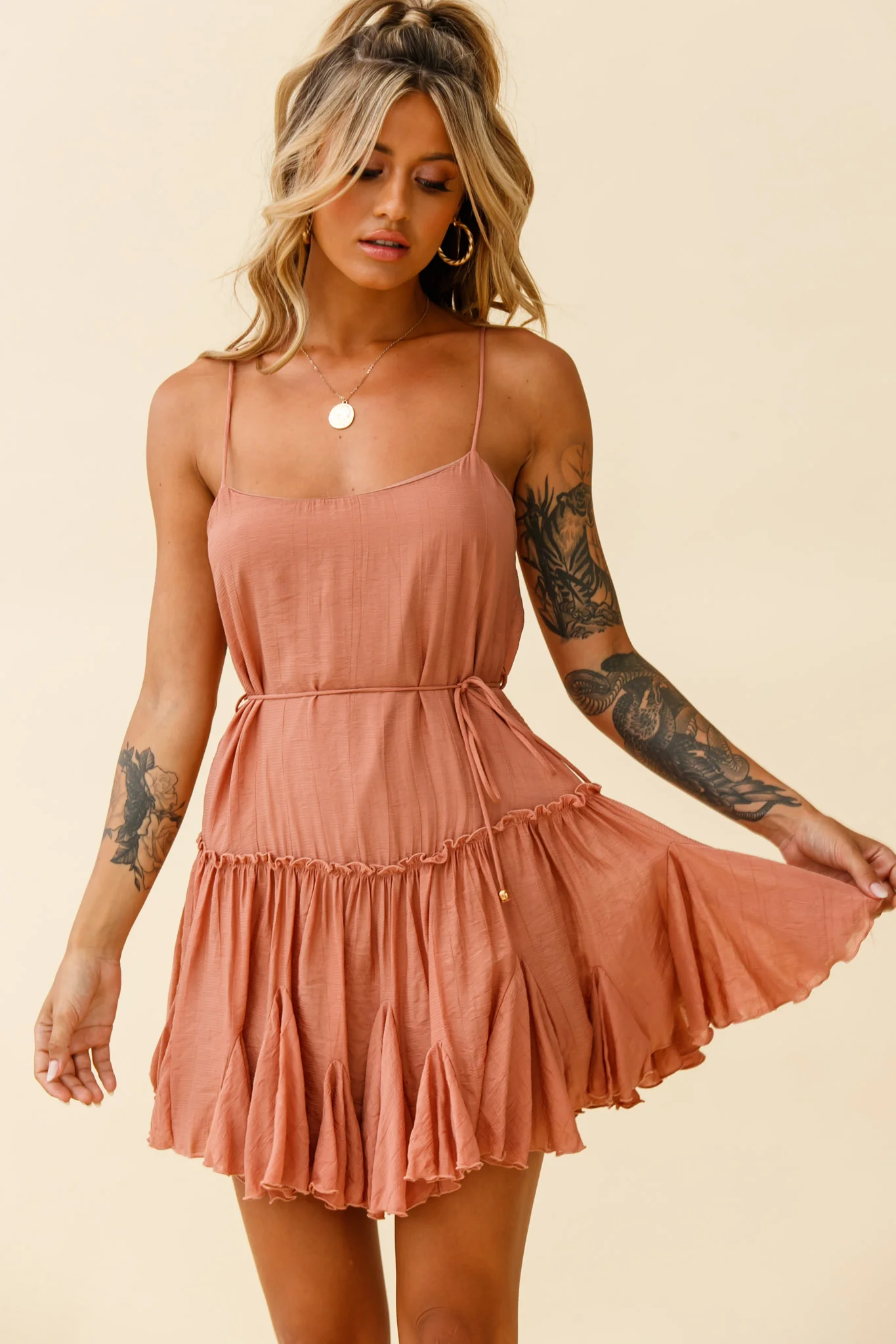 Rosabel Spaghetti Strap Fluted Hem Dress Rose - Sonourner