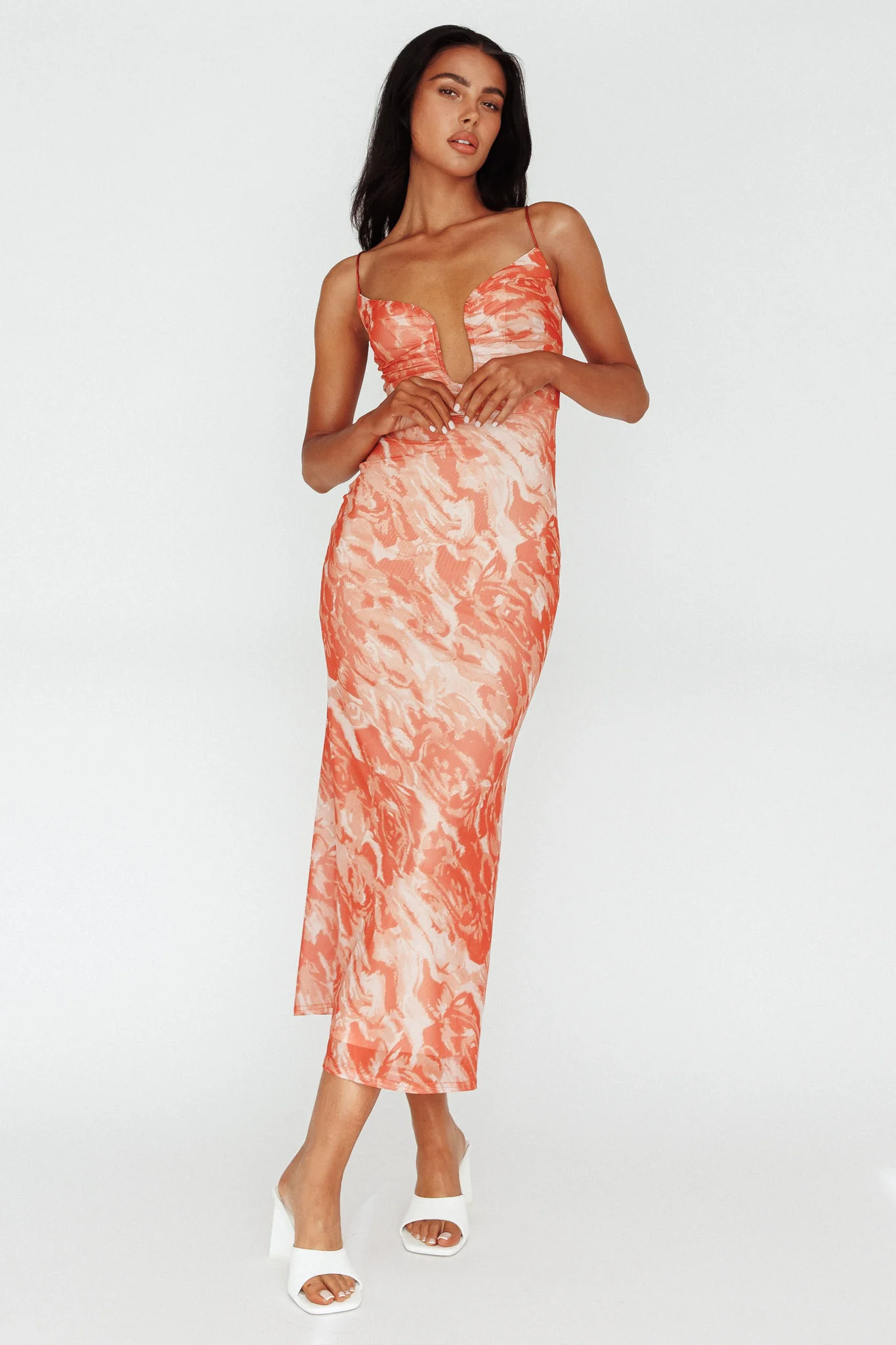 Nouveau U-Neckline Midi Dress Marbled Orange - Sonourner