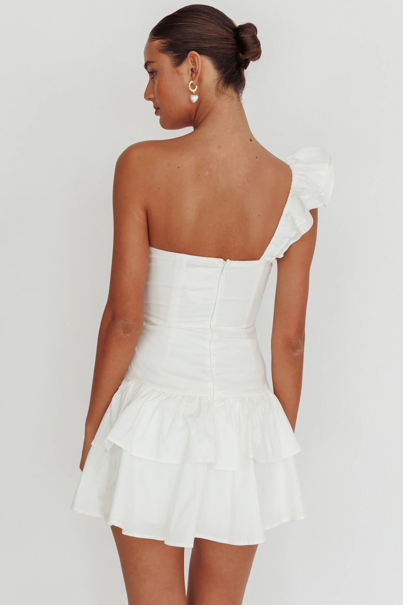 Tea Time One Shoulder Ruffle Mini Dress White - Sonourner