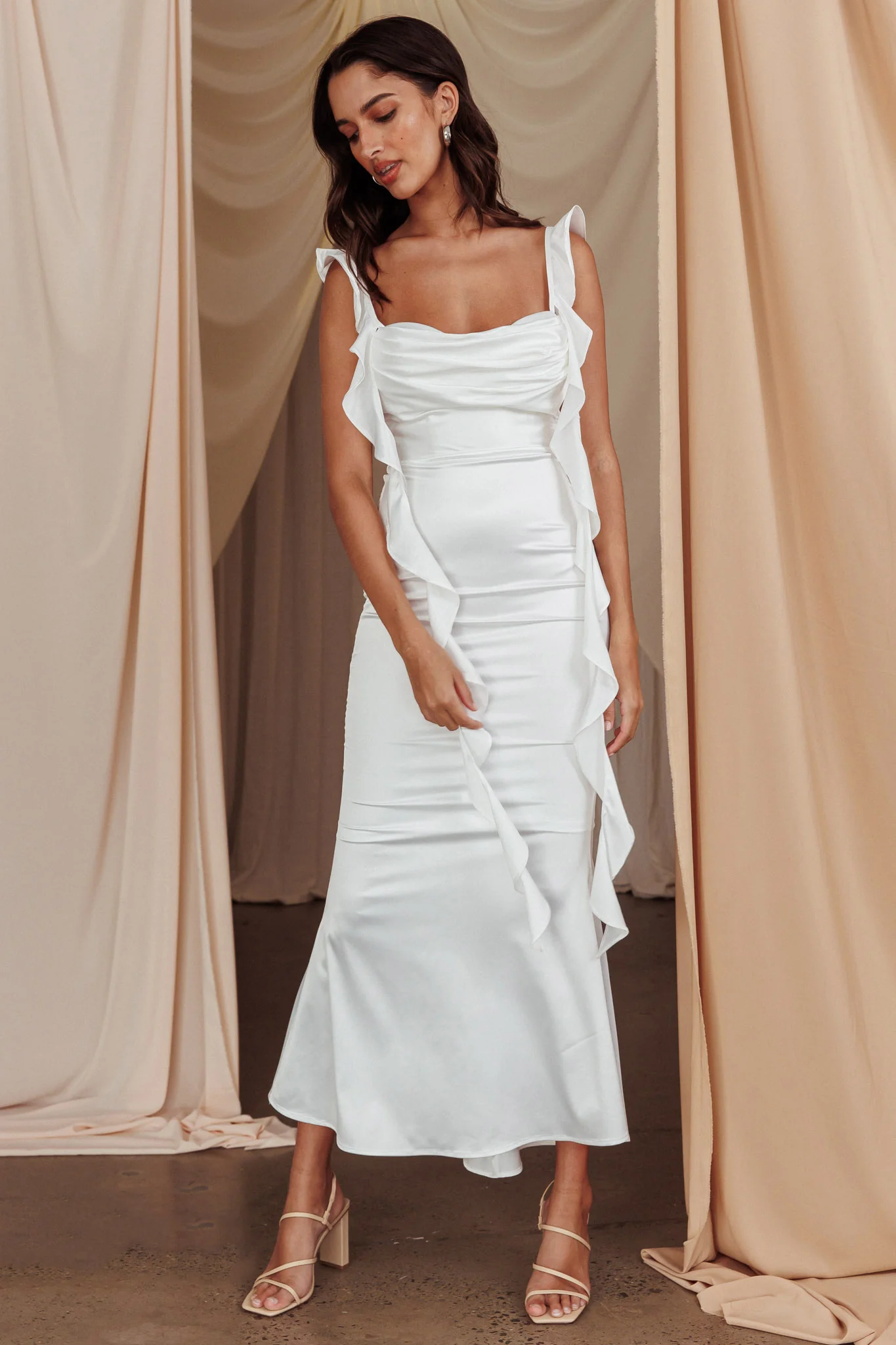 Blushing Ruffle Trim Midi Dress Oyster - Sonourner