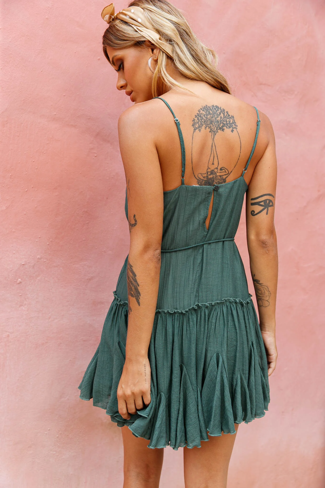 Rosabel Spaghetti Strap Fluted Hem Dress Green - Sonourner