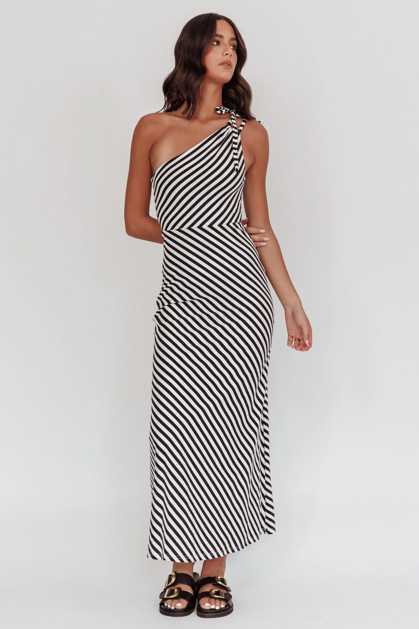 Ocean Road Tied One-Shoulder Maxi Dress Stripe Black - Sonourner