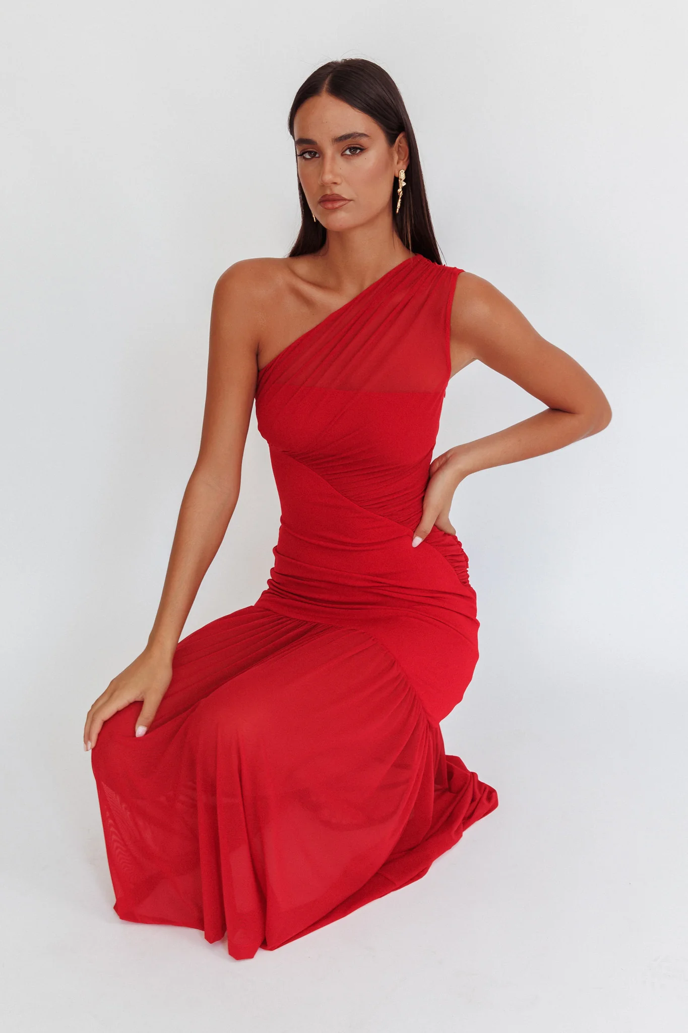 Passion One-Shoulder Mesh Maxi Dress Red - Sonourner