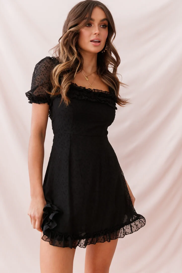 Lara Puff Sleeve Frill Dress Black - Sonourner
