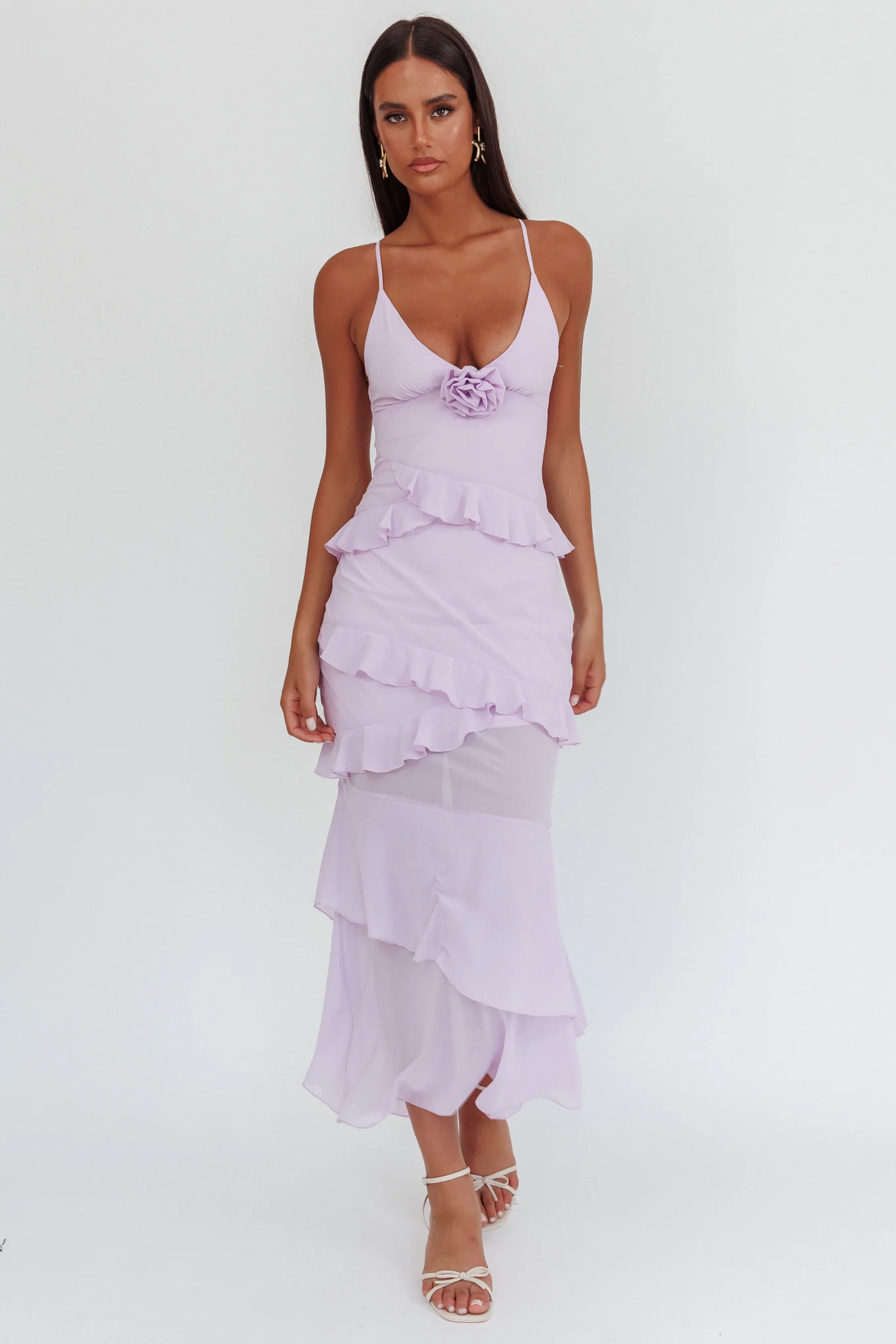 Marlie Frill Trim Rosette Maxi Dress Lilac - Sonourner