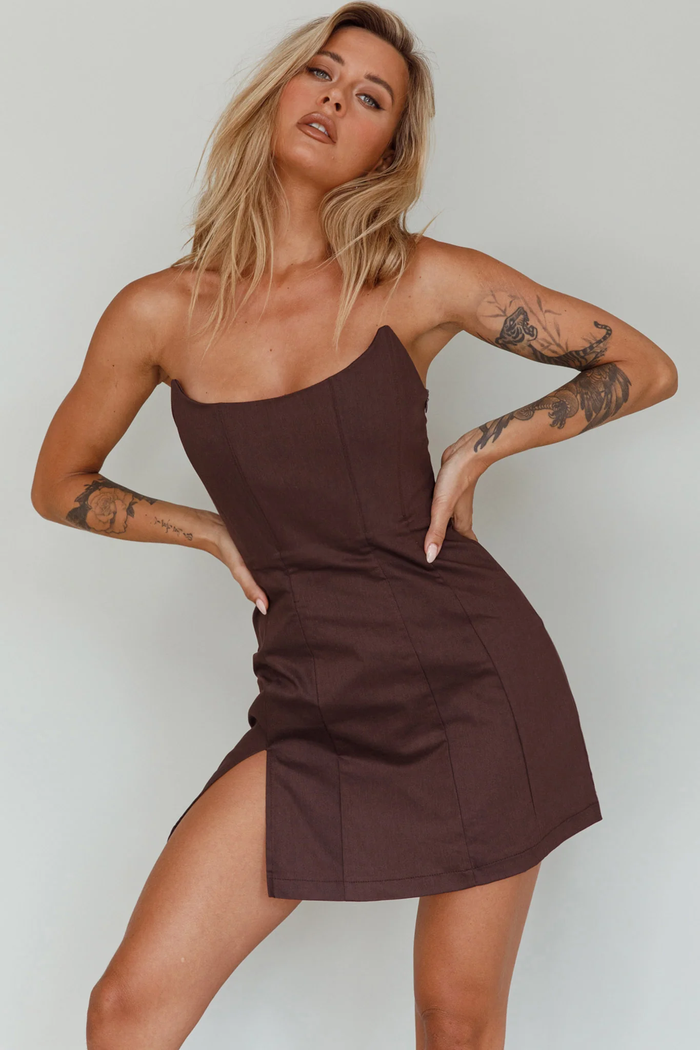 Luann Scoop Neckline Strapless Mini Dress Brown - Sonourner