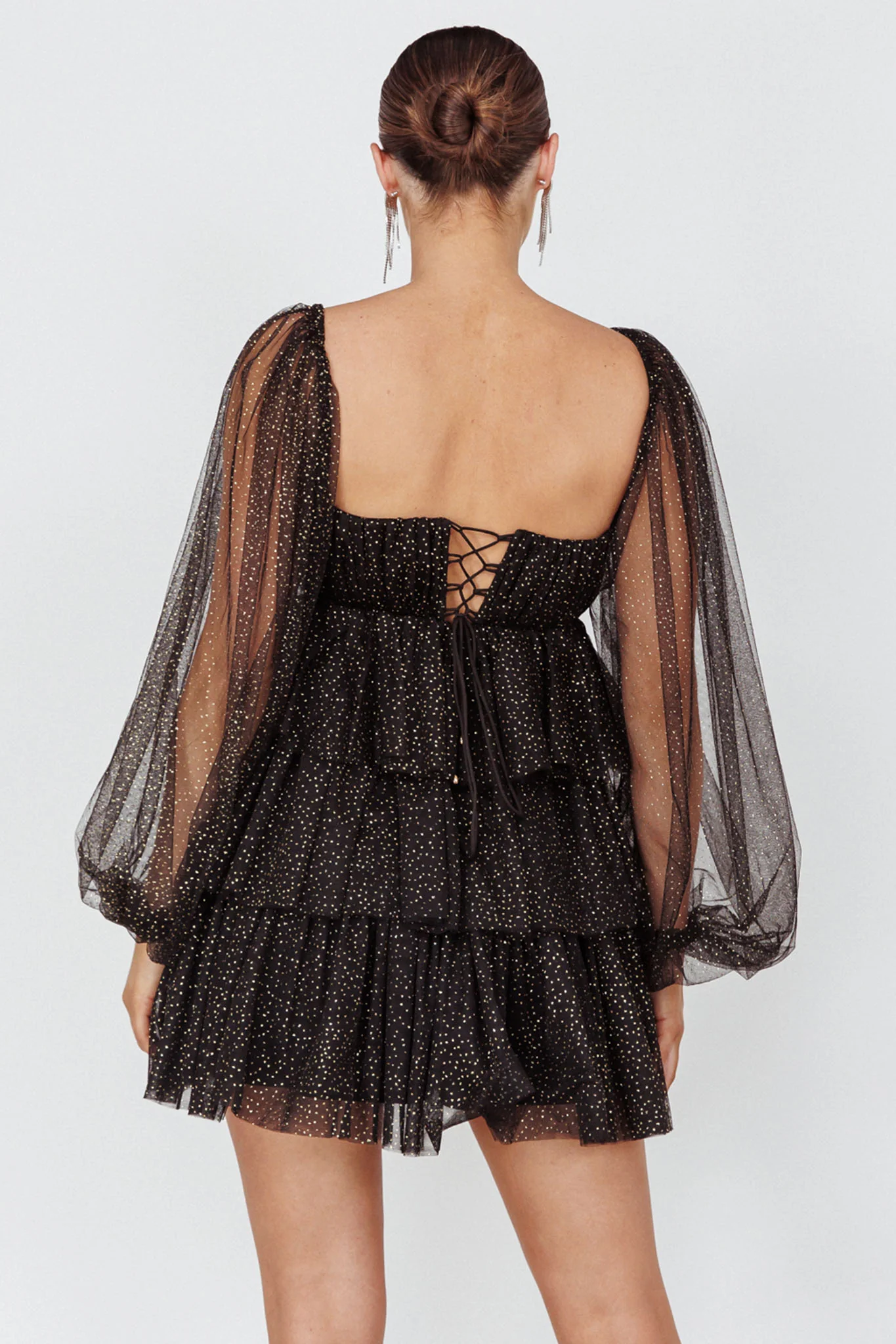 Spring Morning Long Sleeve Tiered Mini Dress Black/Gold - Sonourner